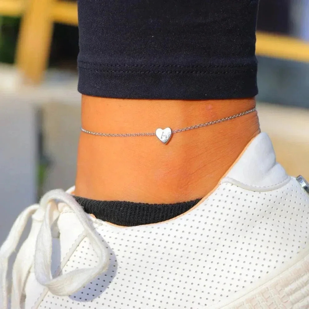 ▶ PERSONALIZED❤️HEART CHARM A to Z, DAINTY SILVER INITIAL ANKLET GIRL, ELDM22302 - Picture 7 of 14